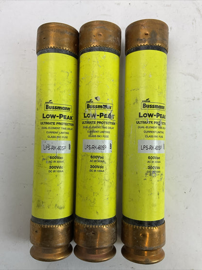 LOW-PEAK LPS-RK-60SP 600VAC 300VDC 60AMP CURRENT LIMITING FUSE (LOT OF 3)0