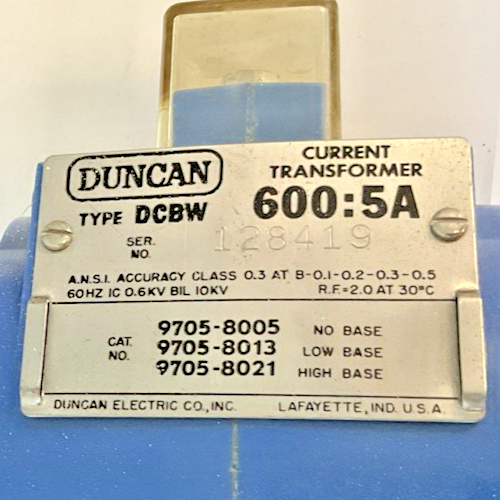 DUNCAN DCBW CURRENT TRANSFORMER  600:5A 60HZ ***LOTOF2***1