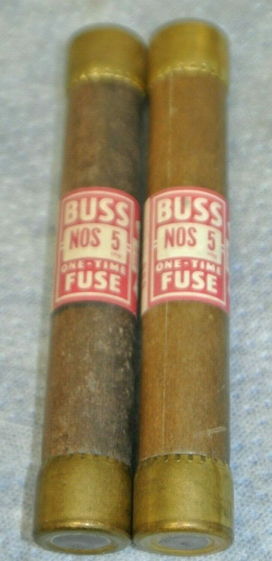 LOT of 2 / BUSS NOS5 CLASS H ONE-TIME FUSES / 5A / 600V / NEW SURPLUS / NOS-50