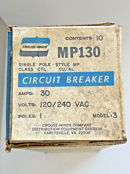 CROUSE-HINDS *BOX OF 10* - MP130 - 1 POLE, 30 A, 240 VAC CIRCUIT BREAKER1