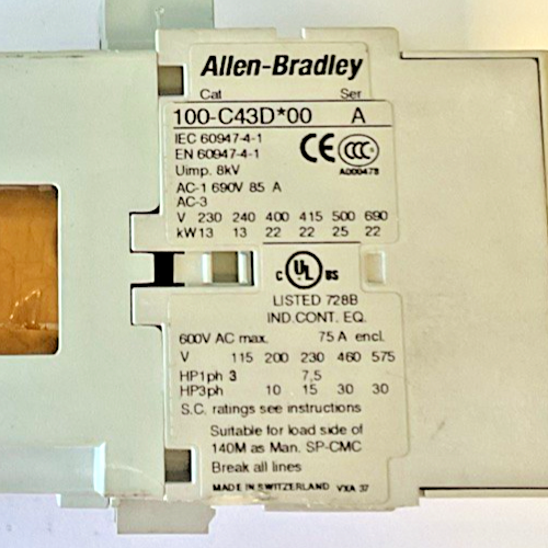 ALLEN BRADLEY 100-C43D*00 CONTACTOR SER.A 600VAC 75A2