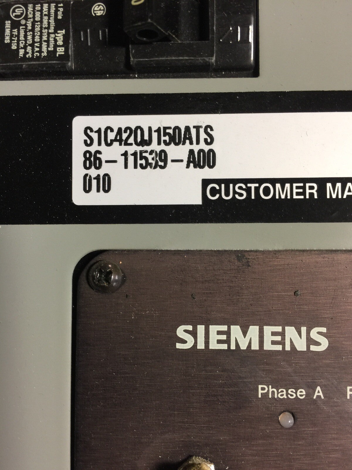 SIEMENS S1C42QJ150ATS CIRCUIT BREAKER PANELBOARD 280Y/120V QJ23B150 MAIN BREAKER1