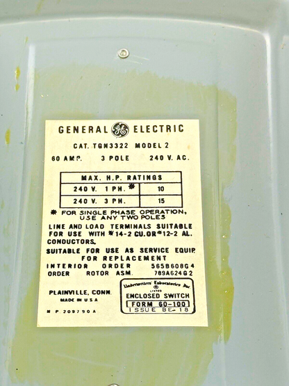 GE - TGN3322 MODEL 2 - SAFETY SWITCH - 60A/ 240VAC/ 3 POLE/ TYPE 18