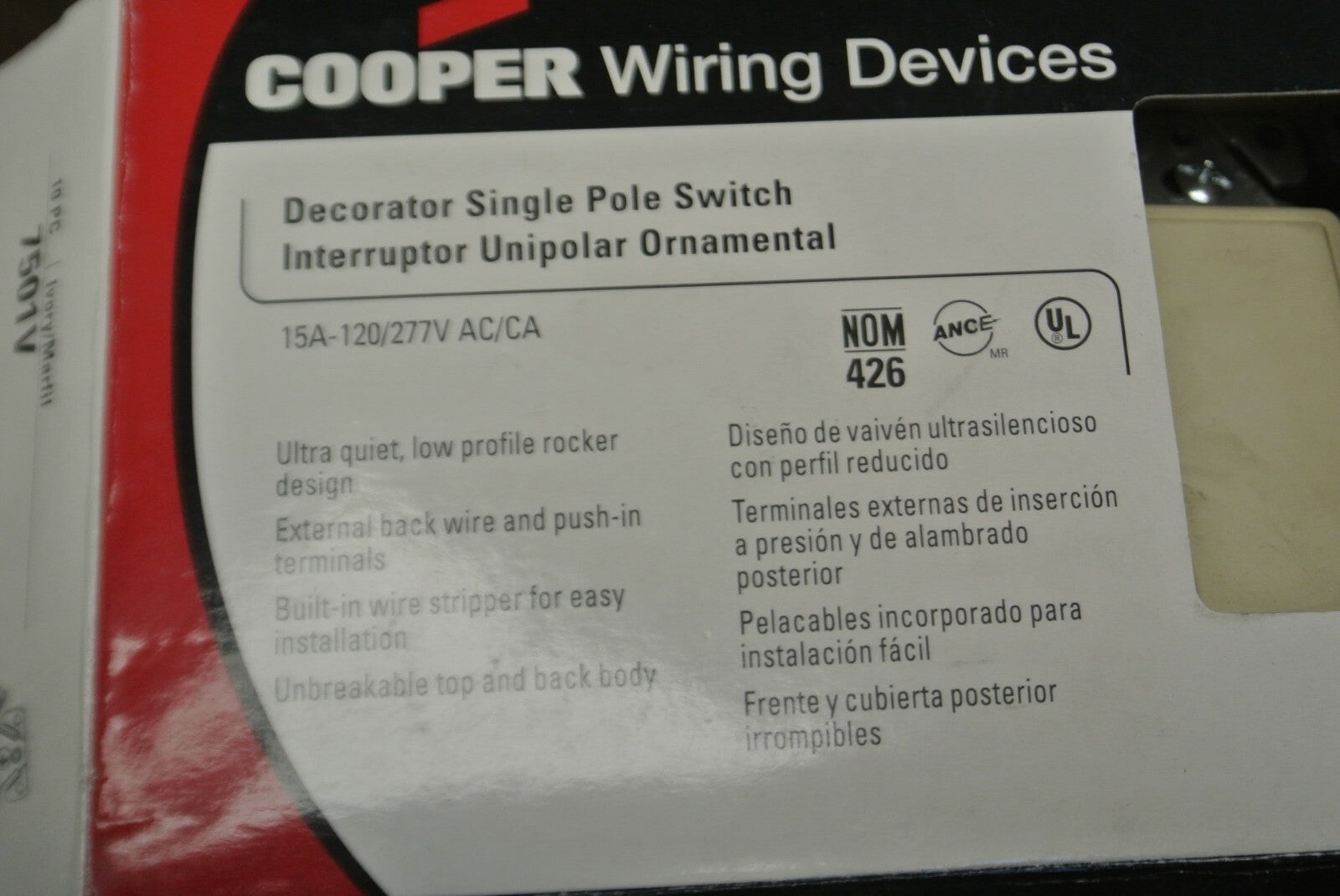 BOX of 10 / COOPER 7501V DECORATOR SINGLE POLE SWITCH / IVORY / 15A / 120/277VAC7
