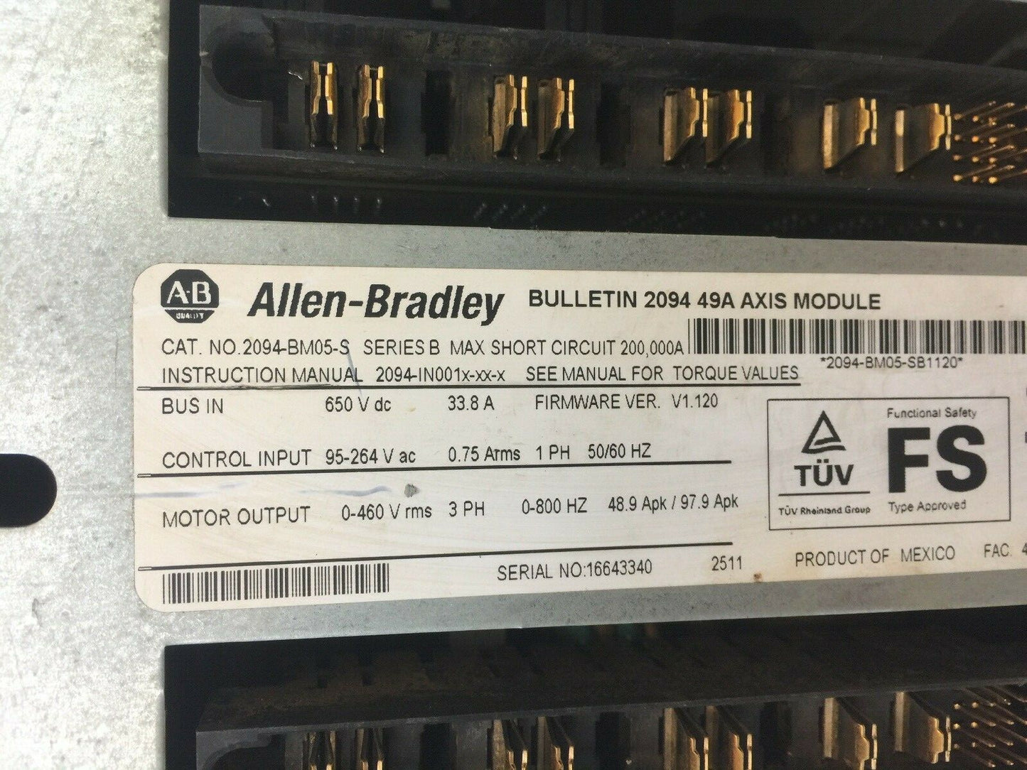 ALLEN BRADLEY 2094-BM05-S SERVO DRIVE SER B MOTOR OUPUT 0-460V rms 3PH 0-800HZ1