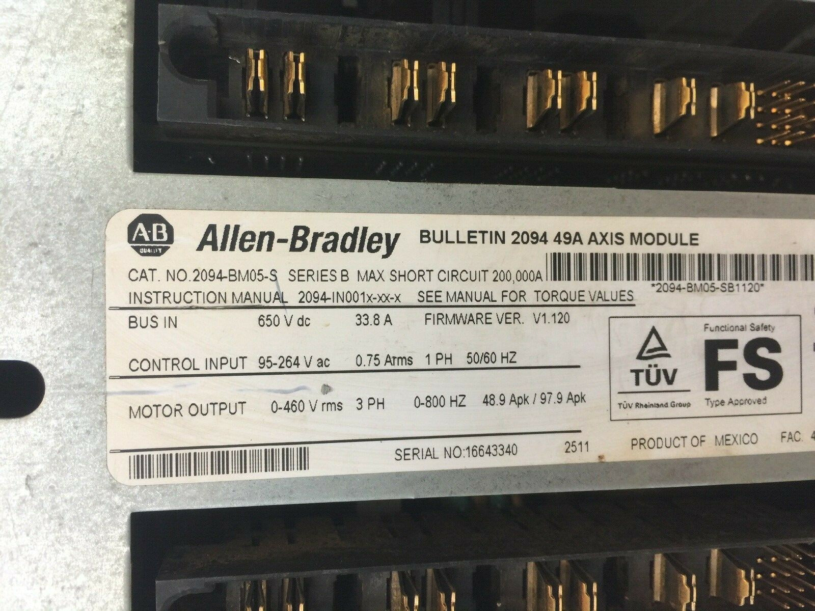 ALLEN BRADLEY 2094-BM05-S SERVO DRIVE SER B MOTOR OUPUT 0-460V rms 3PH 0-800HZ1