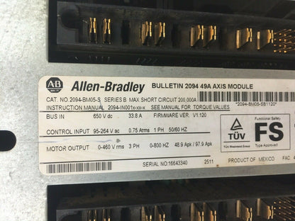 ALLEN BRADLEY 2094-BM05-S SERVO DRIVE SER B MOTOR OUPUT 0-460V rms 3PH 0-800HZ1