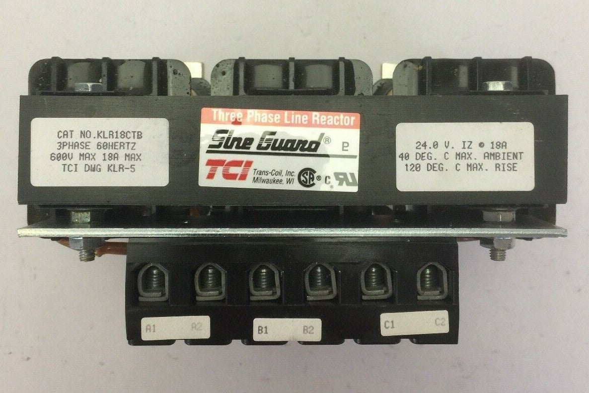 TCI KLR18CTB THREE PHASE LINE REACTOR 600V 60HZ 18A 3PH 24.0V. IZ @ 18A 0