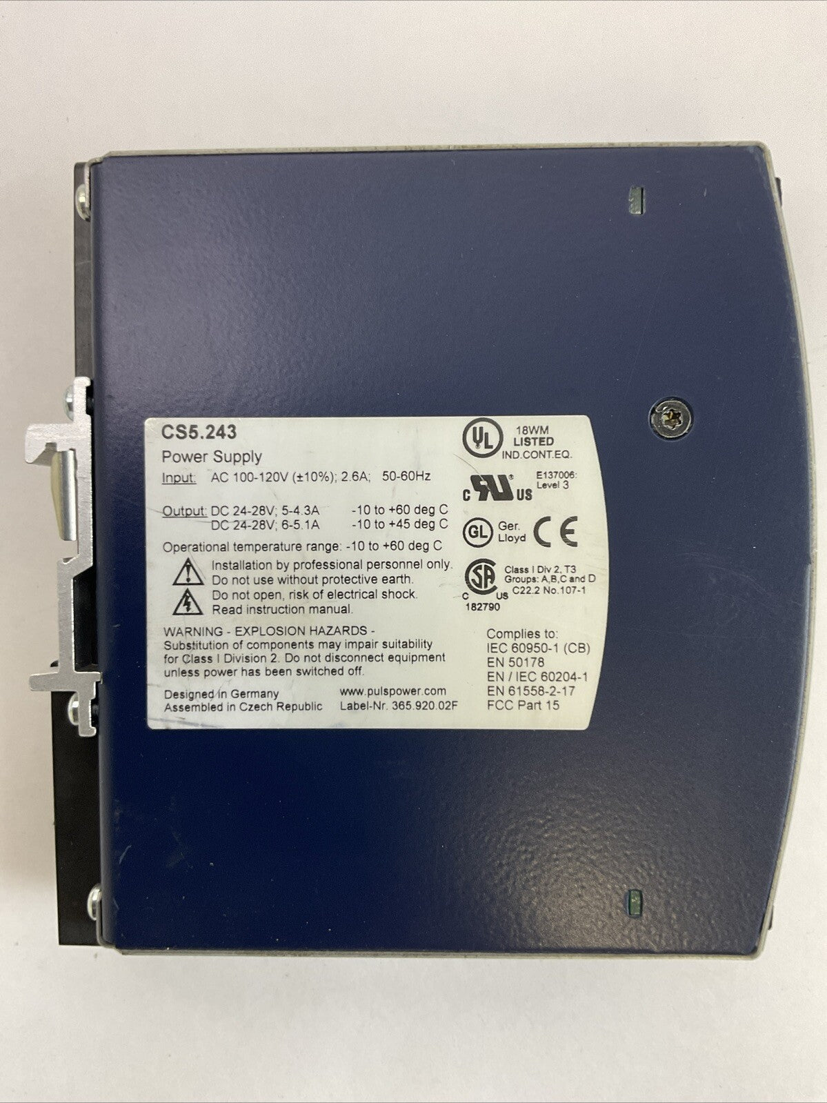 PULS CS5.243 POWER SUPPLY INPUT 100-120VAC 2.6A OUTPUT 24-28VDC 6-5.1A1