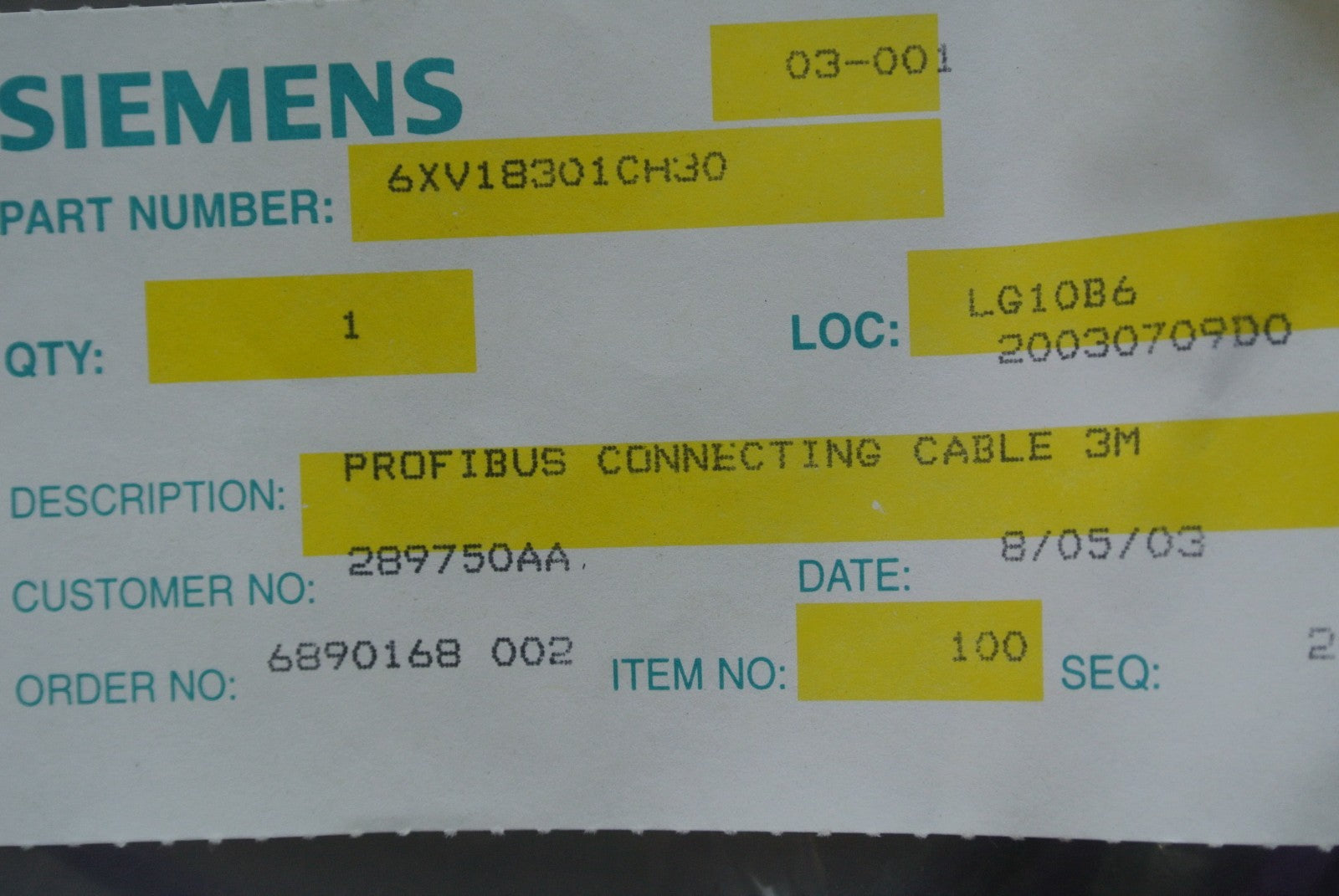 SIEMENS 6XV1830-1CH30 - PROFIBUS CONNECTING CABLE x 3 METERS - NEW SURPLUS5