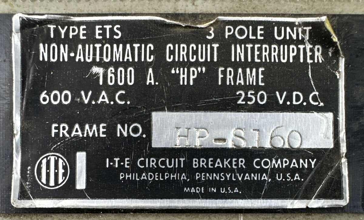 ITE HP-S16 600VAC 250VDC 3POLE 1600A NON-AUTOMATIC CIRCUIT INTERUPTER "HP" FRAME1