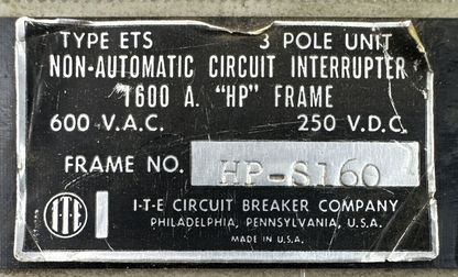 ITE HP-S16 600VAC 250VDC 3POLE 1600A NON-AUTOMATIC CIRCUIT INTERUPTER "HP" FRAME1