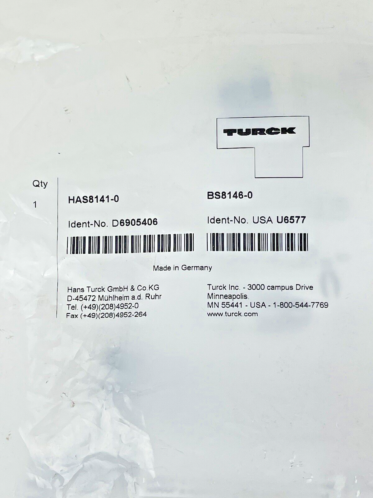 TURCK - HAS8141-0 - CIRCULAR CONNECTOR M12 - BS8146-0 - W/ HARAX RAPID TERMINAT0