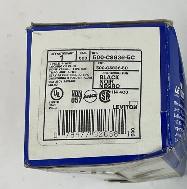 LEVITON 500-CS836-5C LOCKING PLUG CS836-5C 3POLE 4WIRE 50A 250VAC 3PH1