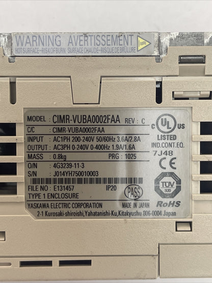 YASKAWA CIMR-VUBA0002FAA AC DRIVE REV C OUTPUT 0-240VAC 1.9/1.6A 0-400HZ INPUT1