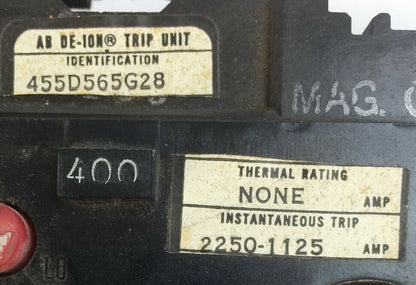 WESTINGHOUSE 455D565G28 AB DE-ION TRIP UNIT 400AMP INST TRIP 1125-2250A1