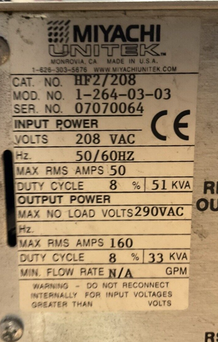 MIYACHI HF2/208 INPUT 208VAC 50AMP 51KVA OUTPUT 290VAC 160A 33KVA 2kHz HIGH FREQ1