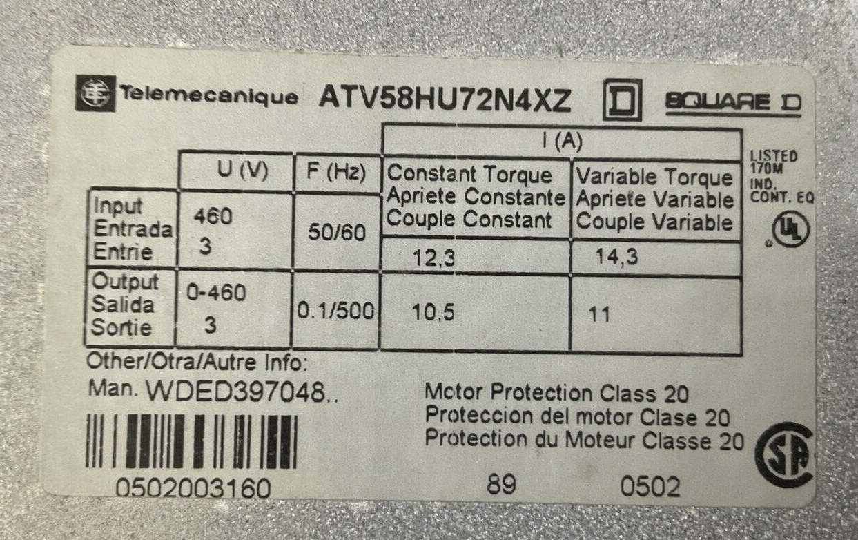 TELEMECANIQUE ATV58HU72N4XZ AC DRIVE 460V V5.31
