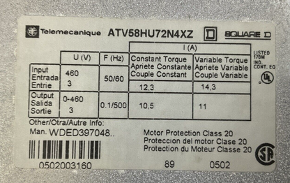 TELEMECANIQUE ATV58HU72N4XZ AC DRIVE 460V V5.31