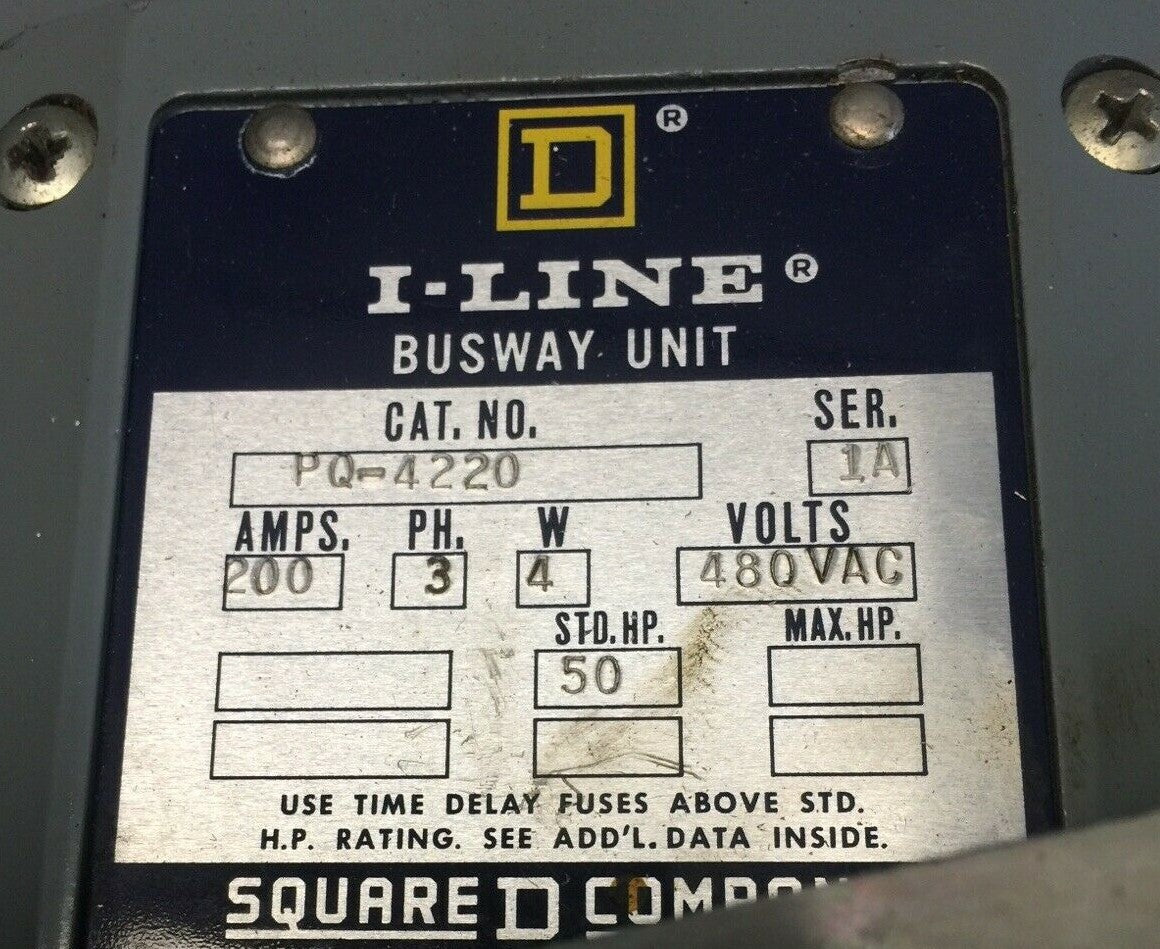 SQUARE D PQ-4220 I-LINE BUSWAY UNIT 200AMP 480VAC 3PH 4W 50HP SER 1A1
