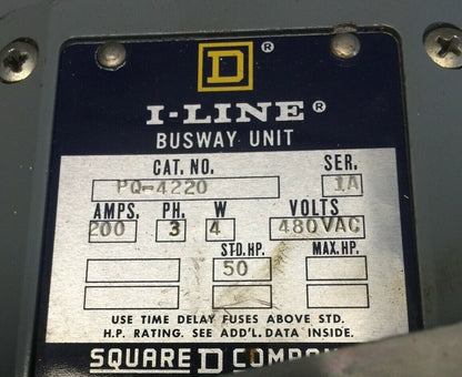 SQUARE D PQ-4220 I-LINE BUSWAY UNIT 200AMP 480VAC 3PH 4W 50HP SER 1A1