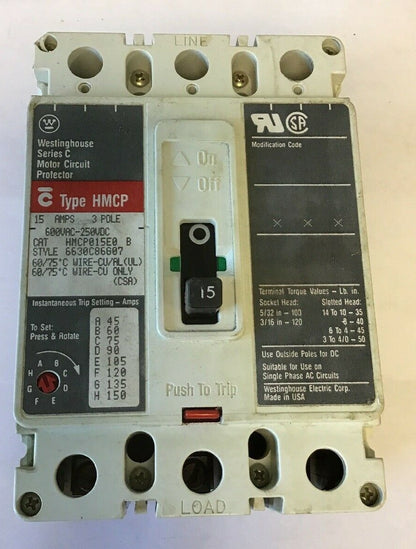 WESTINGHOUSE HMCP015E0 B CIRCUIT PROTECTOR SER.C 15AMP 3POLE 600VAC-250VDC 0