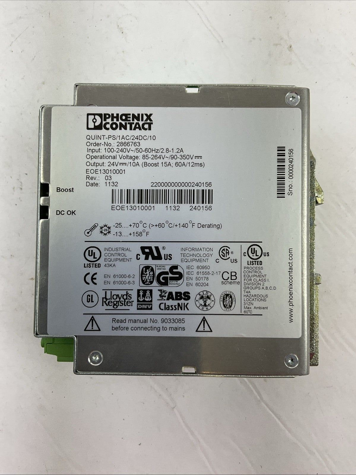 PHOENIX CONTACT QUINT-PS/1AC/24DC/10 POWER SUPPLY OUTPUT 24VDC 10A INPUT1