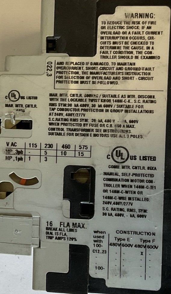 ALLEN BRADLEY 140M-C2E-C16 STARTER SER.C 10-16A W/140M-C-AFAR10A10 SER.A6