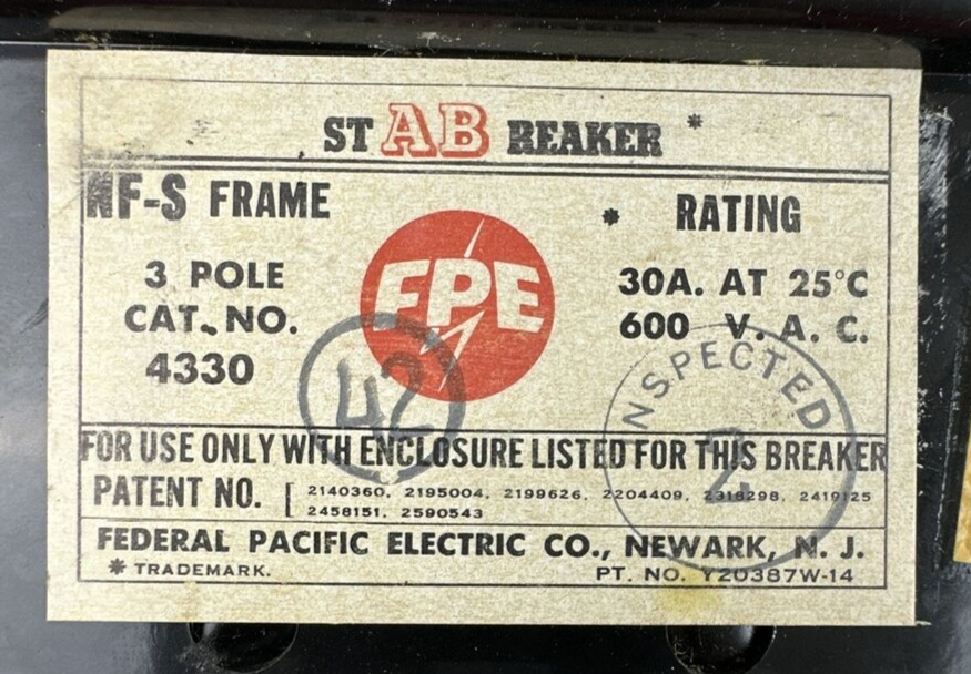 FPE 4330 STABREAKER 30AMP 600VAC 3POLE NF-S FRAME THERMAL AND MAGNETIC TRIP2