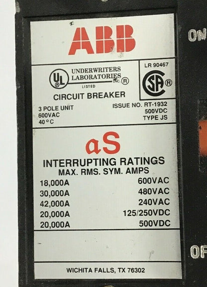 ABB UXAB 718530 R 999 300AMP CIRCUIT BREAKER  TYPE JS 500VDC/480VAC 1