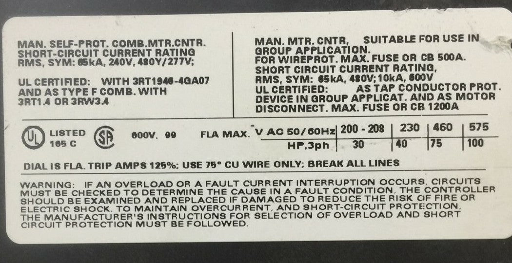 SIEMENS 3RV1041-4MA10 CIRCUIT BREAKER 100A 600VAC 3PH 100HP3