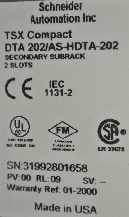 SCHNEIDER / MODICON TSX COMPACT DTA 202/AS-HDTA-202 SECONDARY SUBRACK / 2-SLOTS1