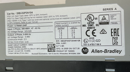 ALLEN BRADLEY 25B-D2P3N104 POWERFLEX SER.A FRN6.001 3PH 480V 63HZ 1.0HP2