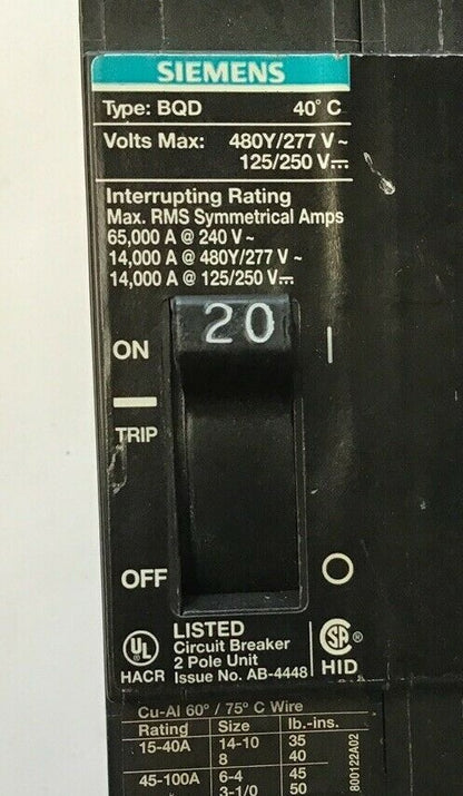 SIEMENS BQD220 CIRCUIT BREAKER 20AMP1