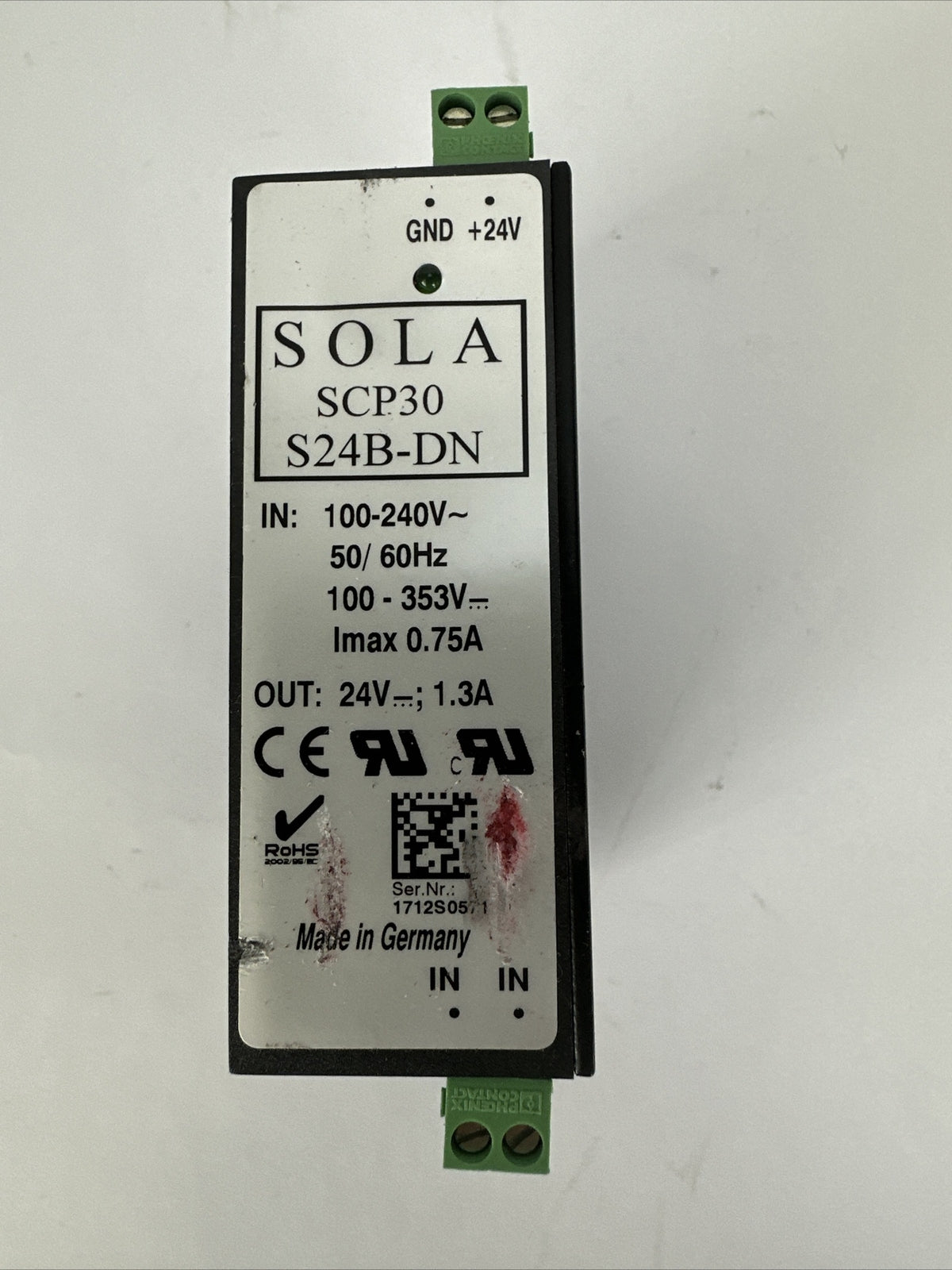 SOLA SCP30 S24B-DN POWER SUPPLY OUT 24VDC 1.3A INPUT 100-240VAC 100-353VDC 0.75A0