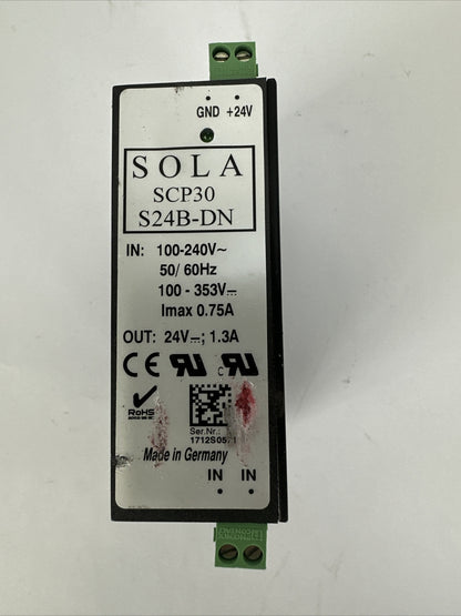 SOLA SCP30 S24B-DN POWER SUPPLY OUT 24VDC 1.3A INPUT 100-240VAC 100-353VDC 0.75A0