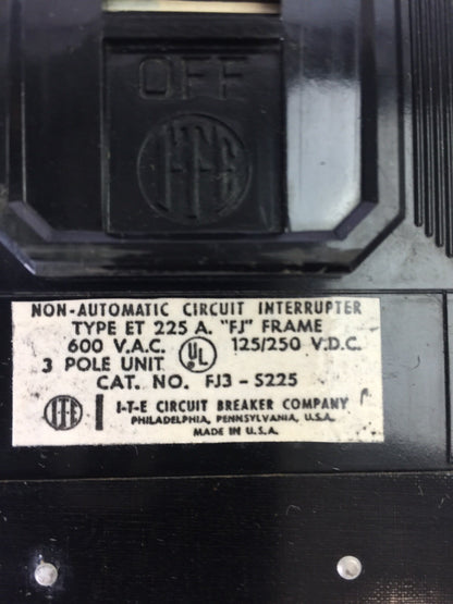 ITE SIEMENS FJ3-S225 CIRCUIT BREAKER 600VAC 125/250VDC 225AMP 3POLE 1