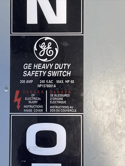 GE TH3224J MODEL 11 FUSIBLE SAFETY SWITCH 200A 240VAC 250VDC 60HP 2P TYPE 1,5,122