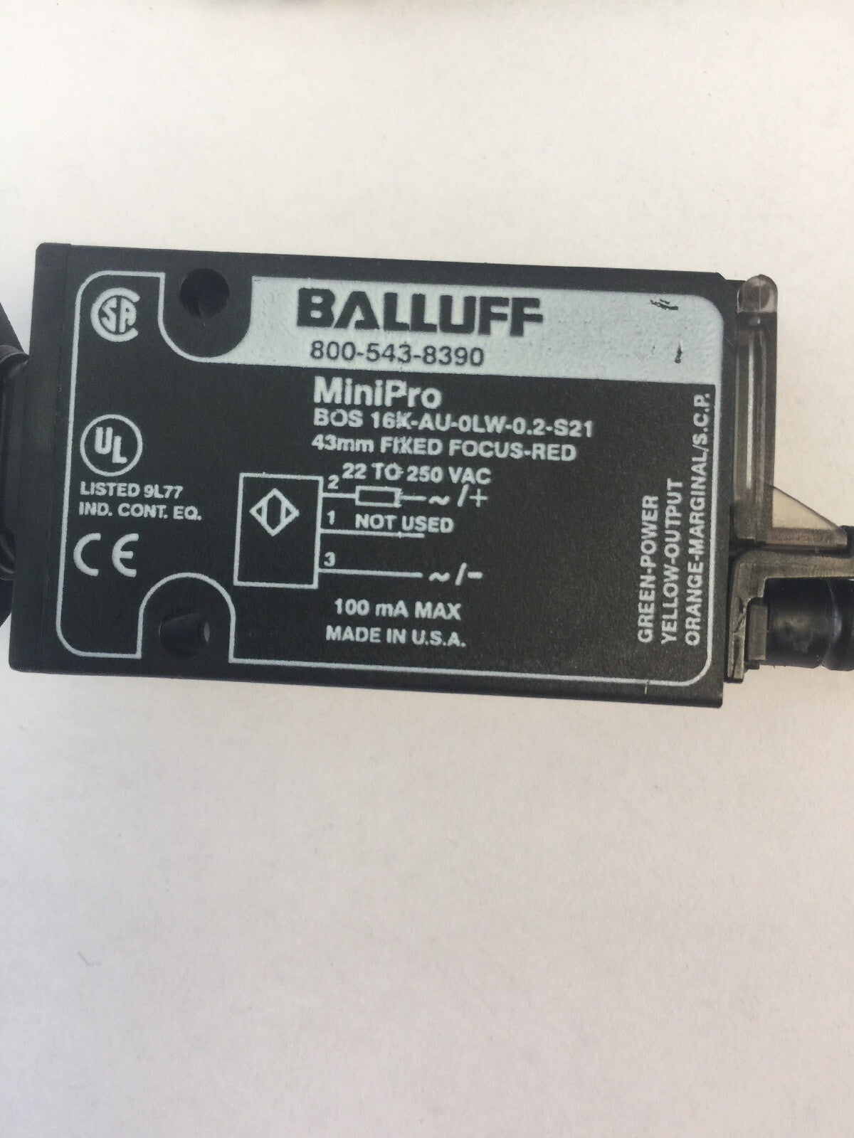 BALLUFF BOS 16K-AU-0LW-0.2-S21 PHOTOELECTRIC SENSOR 22-250VAC 100mA2