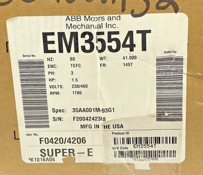 BALDOR - EM3554T - GP Motor - 1.5 Hp 3 Phase 230/460V 1760 RPM 145t Frame1