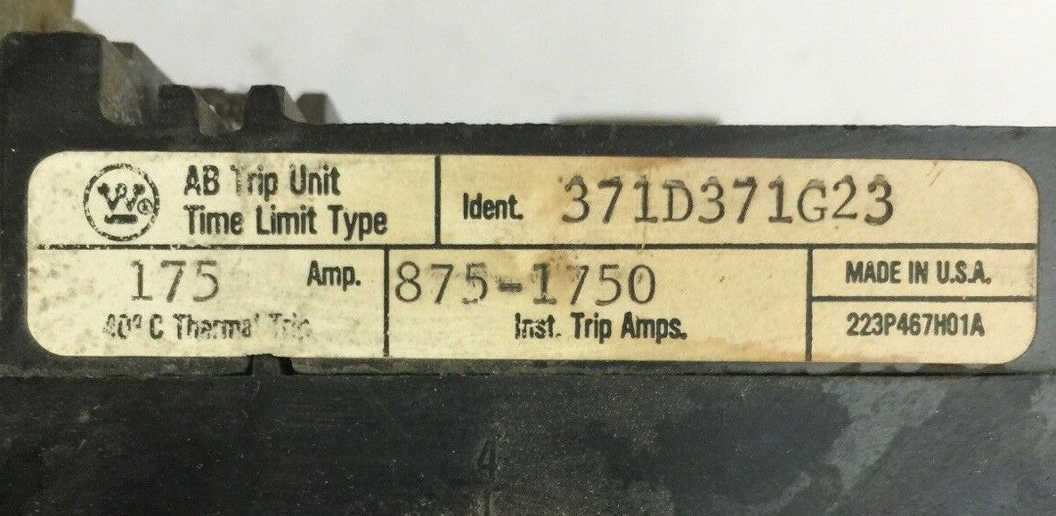 WESTINGHOUSE 371D371G23 AB TRIP UNIT TIME LIMIT TYPE 175AMP 3POLE 875-1750 INST1