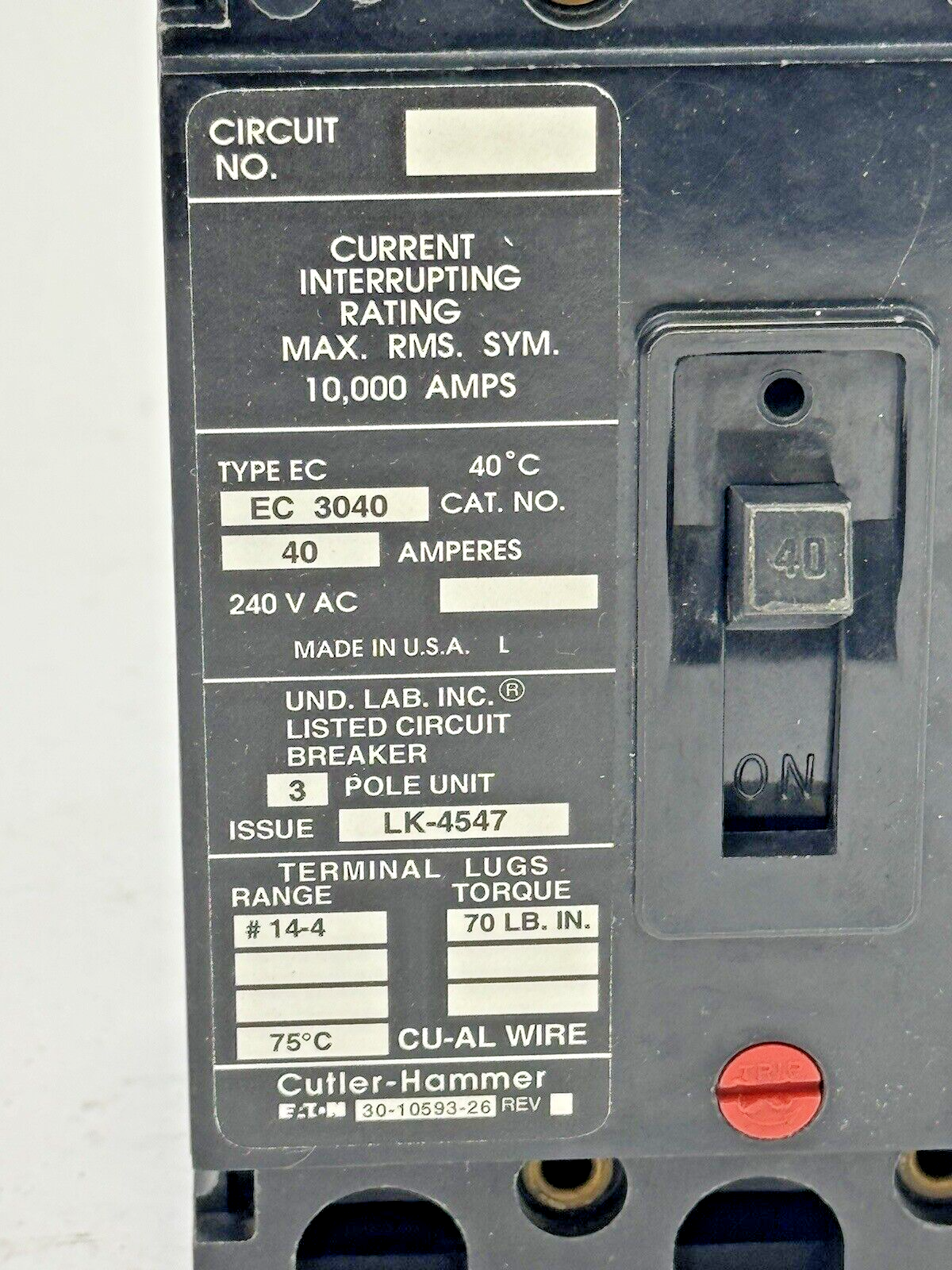 CUTLER-HAMMER / EATON - EC3040 - CIRCUIT BREAKER - 40A/ 240 VAC/ 3 POLE2