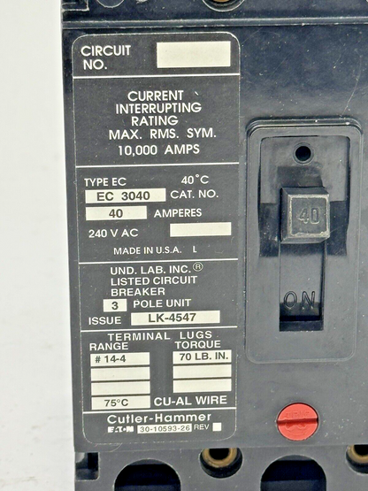 CUTLER-HAMMER / EATON - EC3040 - CIRCUIT BREAKER - 40A/ 240 VAC/ 3 POLE2
