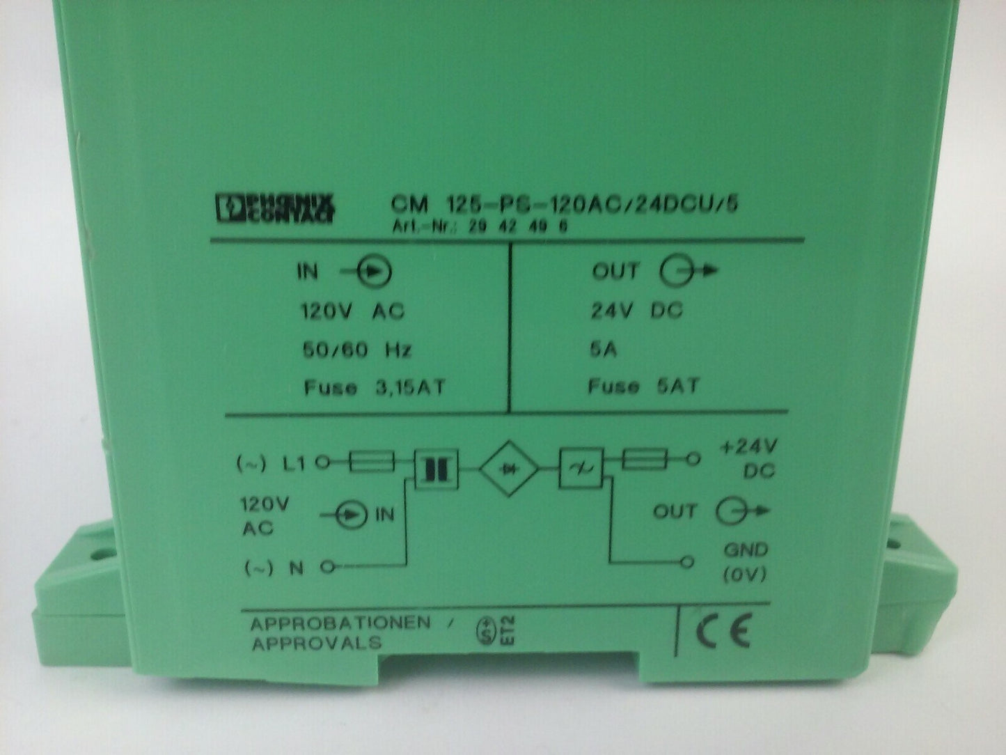 PHOEINX CONTACT CM 125-PS-120AC/24DCU/5 POWER SUPPY 120VAC 50/60HZ 24VDC 5A 1