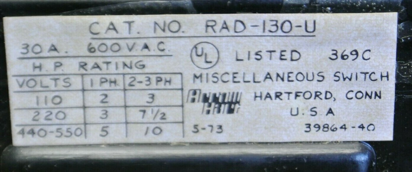 ARROW-HART RAD-130-U MISCELLANEOUS SWITCH / 30A / 600V / NEW SURPLUS1