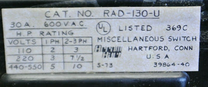 ARROW-HART RAD-130-U MISCELLANEOUS SWITCH / 30A / 600V / NEW SURPLUS1