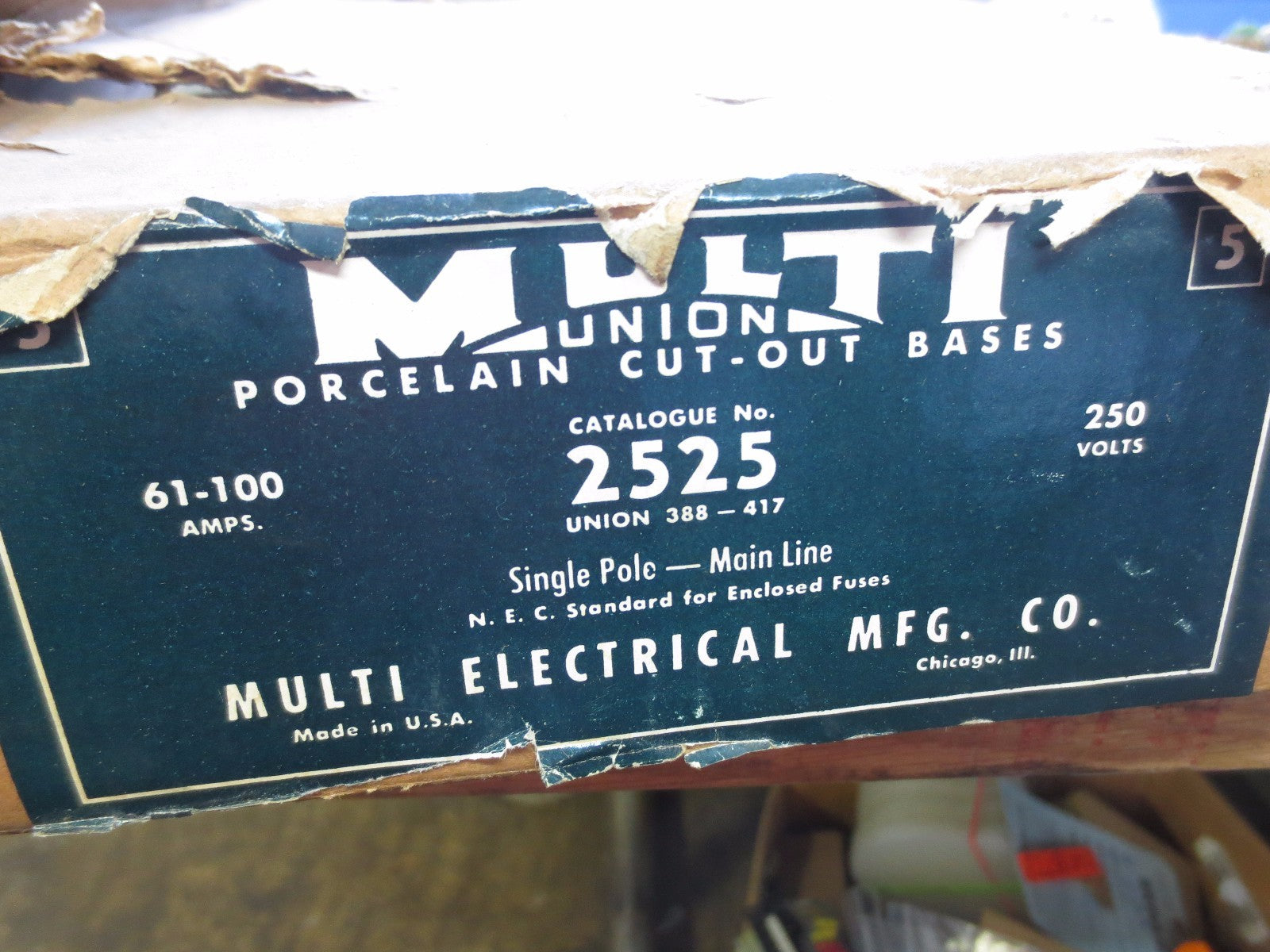 MULTI 2525 PORCELAIN CUT-OUT BASES 250V, 61-100A - NEW SURPLUS - 388-4175