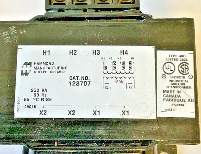 HAMMOND 128707 TRANSFORMER 250VA 60HZ1