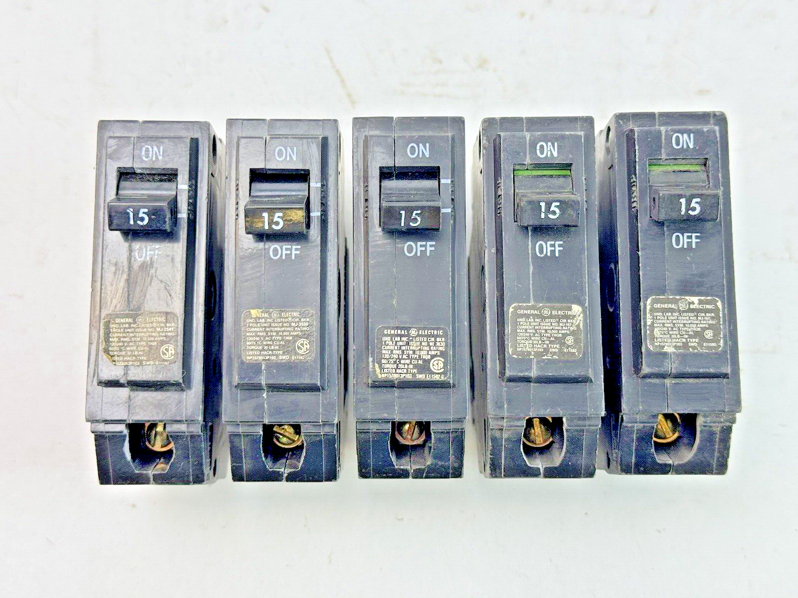 GE **LOT OF 5** - THQB115 - CIRCUIT BREAKERS - 1 POLE, 15 A, 240 VAC, TYPE THQB1