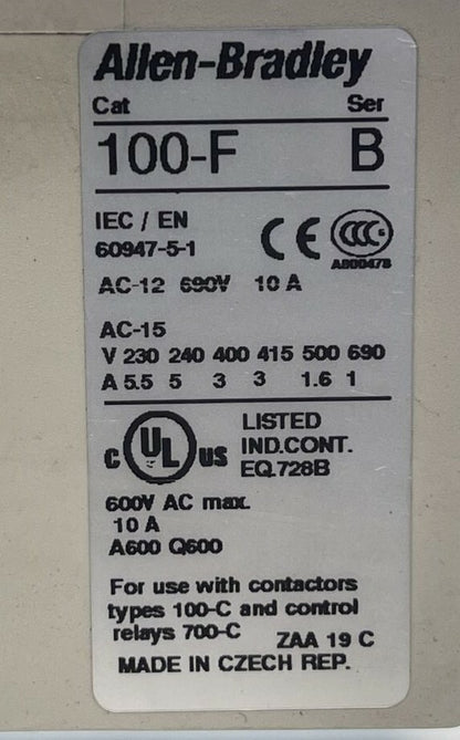 ALLEN BRADLEY 100-C09D*10 SER A CONTACTOR 600VAC 25A 7.5HP 3PH 100-F SER B 10A2